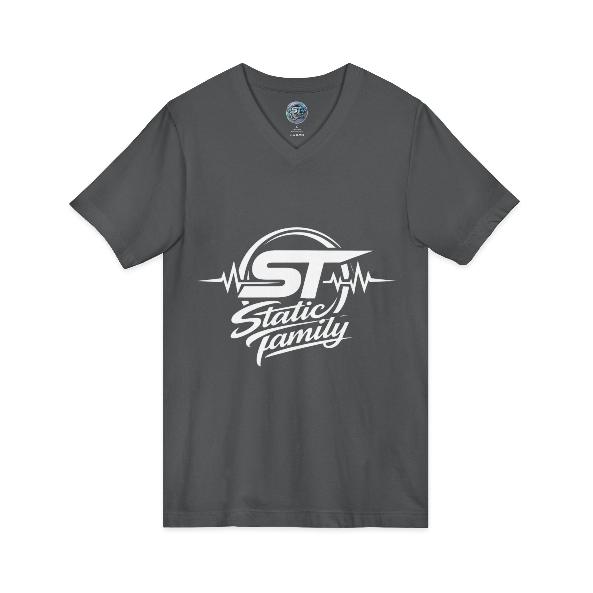 Static Family Logo V-Neck Tee — Graphic Shirt
